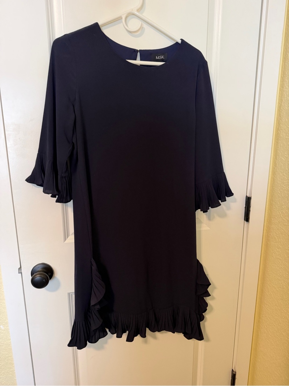 MSK Navy Pleated Ruffle-Trim Shift Dress